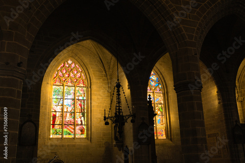 Tained window and interior of medieval gothic church of Vitre  Bretagne  France