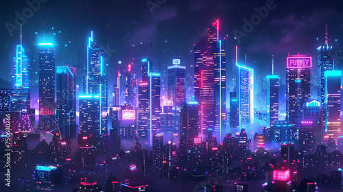 A backdrop background featuring a futuristic city skyline with neon lights