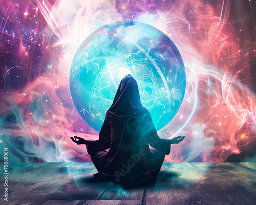 A prophetic figure gazing into a crystal ball against a mesmerizing backdrop