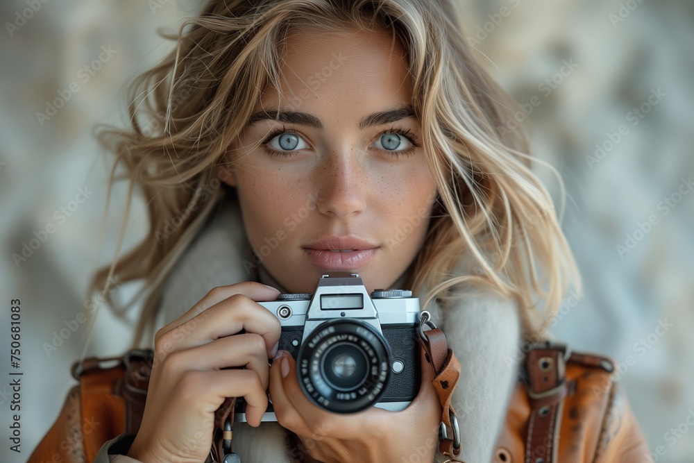 Professional Woman Photographer Holds Camera, Fully Engaged in Her Work Professional Woman Photographer Holds Camera, Fully Engaged in Her Work