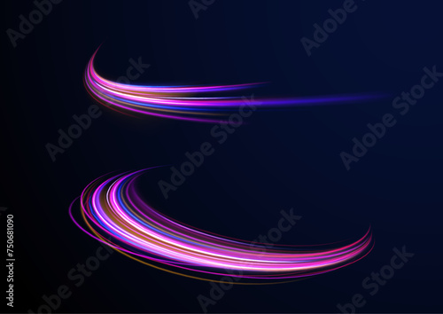 Abstract background in blue and purple neon glow colors. Vector blue glowing lines air flow effect. Speed connection background. 