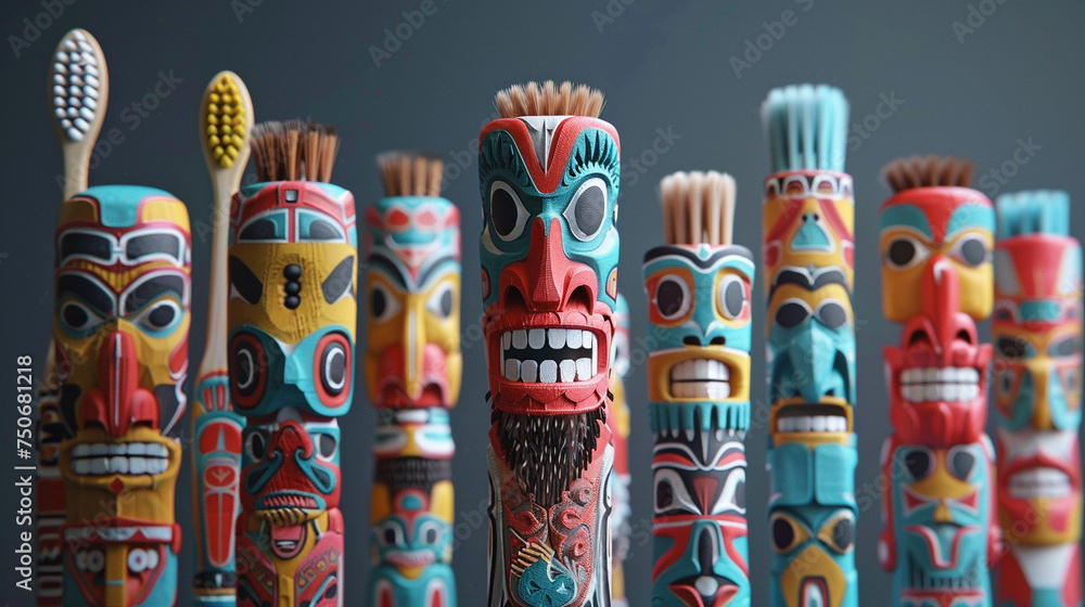 Electric toothbrushes and hairbrushes reimagined as totem poles - obrazy, fototapety, plakaty 