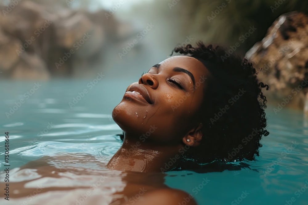 happy beautiful young african woman relaxing in hot spring pool in the morning