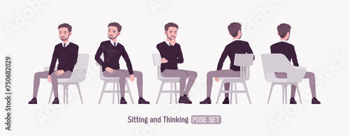 Young businessman, cute handsome man, formal outfit set, chair sit poses. Smart business office V-neck pullover sweater, tie, white shirt collar, grey costume pants, classic shoes. Vector illustration