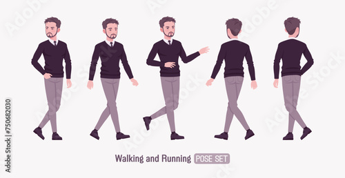 Young businessman, cute handsome man in formal outfit set, walking pose. Smart business office V-neck pullover sweater, tie, white shirt collar, grey costume pants, classic shoes. Vector illustration