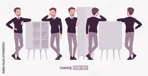 Young businessman, cute handsome man, formal outfit set, leaning poses. Smart business office V-neck pullover sweater, tie, white shirt collar, grey costume pants, classic shoes. Vector illustration