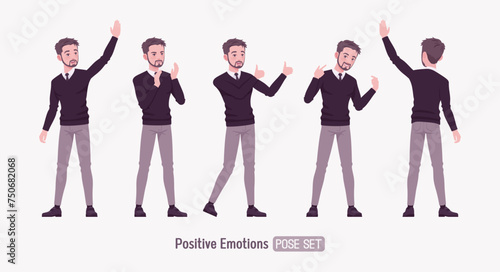 Young businessman, cute handsome man, formal outfit set positive emotion. Smart business office V-neck pullover sweater, tie, white shirt collar, grey costume pants, classic shoes. Vector illustration