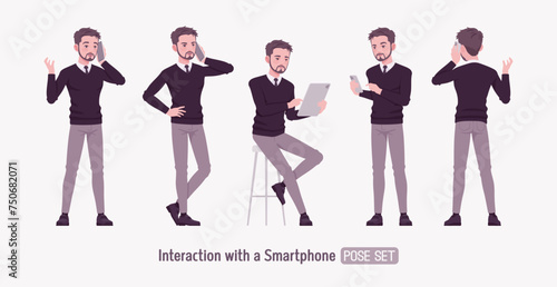 Young businessman, handsome man formal outfit set, smartphone use pose. Smart business office V-neck pullover sweater, tie, white shirt collar, grey costume pants, classic shoes. Vector illustration