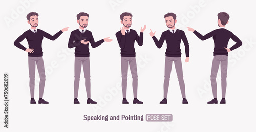 Young businessman, cute handsome man formal outfit set, talk, point pose. Smart business office V-neck pullover sweater, tie, white shirt collar, grey costume pants, classic shoes. Vector illustration