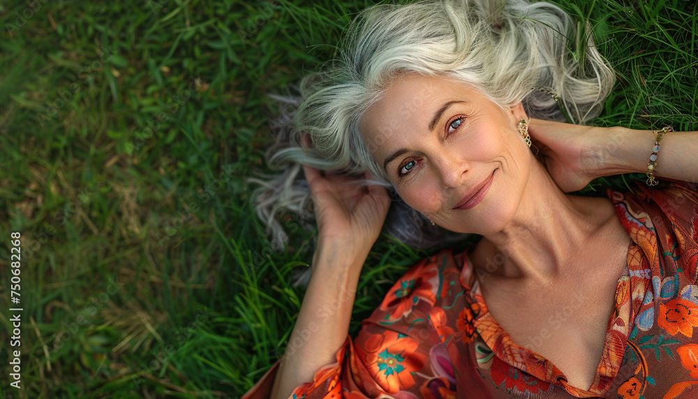 Naklejka premium Happy Healthy Older Woman Smiling Lying Relaxing on Grass. Golden Years Bliss. Silk Dress. Joyful Retirement.