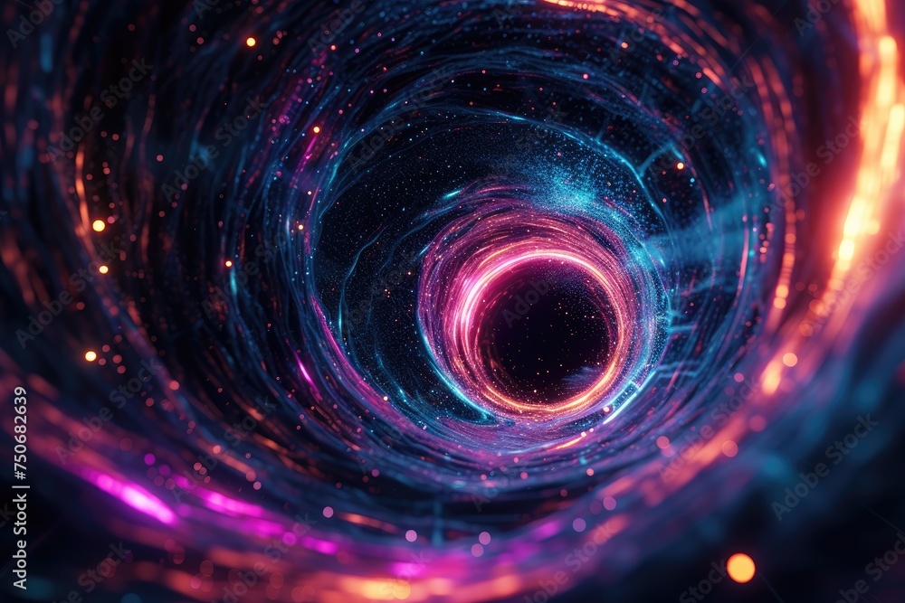 Abstract neon background. Black hole at the center of the vortex. Particles leave luminous traces Abstract neon background. Black hole at the center of the vortex. Particles leave luminous traces