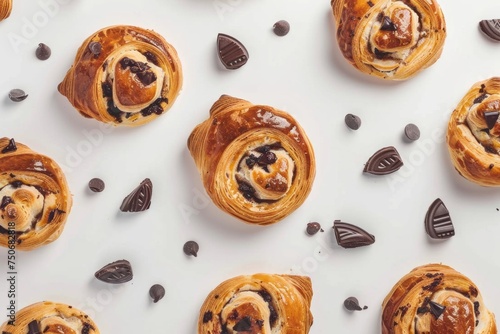 Top view of a homemade puff buns and chocolate pieces on a white tabletop. Tasty Pain au Chocolat with golden crust. Fresh bakery. Copy space. photo