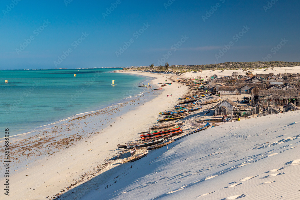 Panorama of Mamirano bay taken from a white dune. At the foot of the dune a Vezo village. Tulear, Madagascar