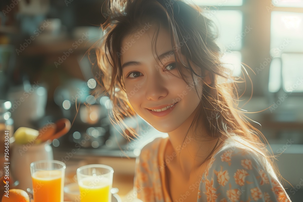 An attractive young woman with a casual hairstyle smiles as she prepares a meal in a modern kitchen environment. An attractive young woman with a casual hairstyle smiles as she prepares a meal in a modern kitchen environment.