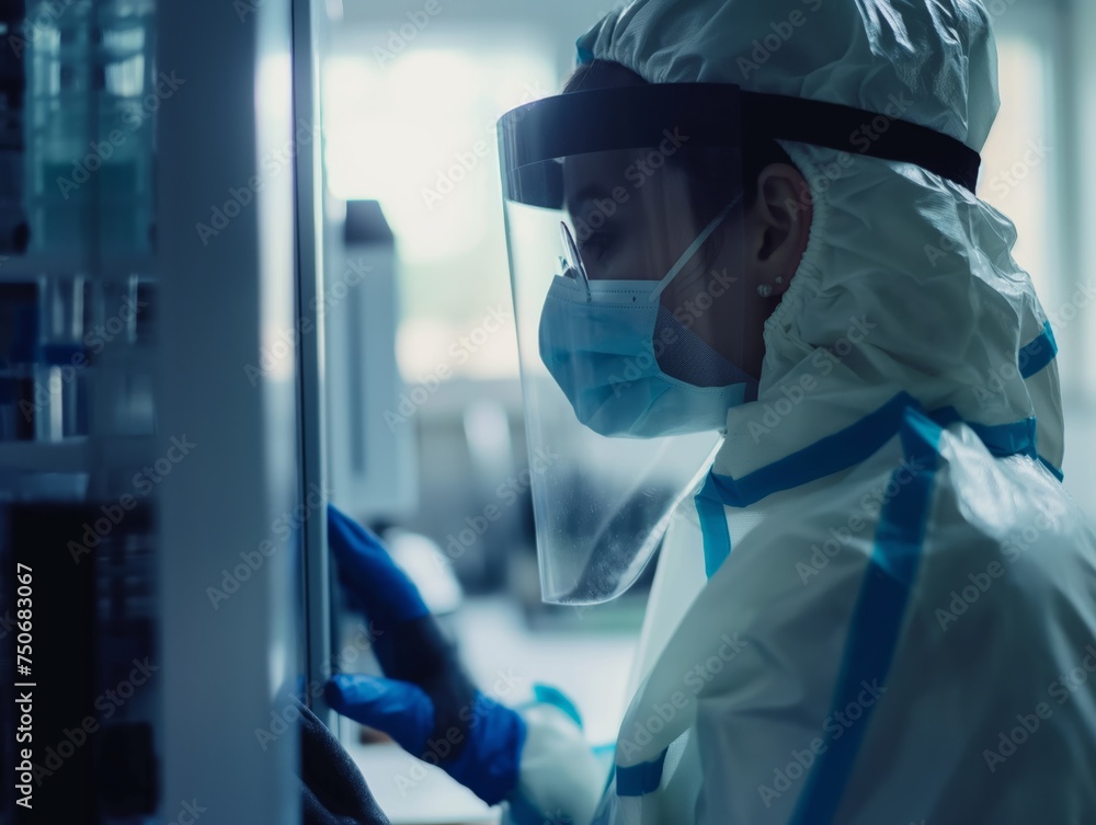 A laboratory employee wearing a mask and face shield while working in a lab