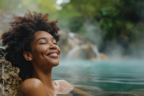 happy beautiful young african woman relaxing in hot spring pool in the morning © Salsabila Ariadina