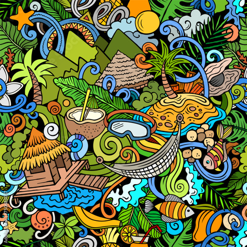 Cartoon doodles Bora-Bora island seamless pattern