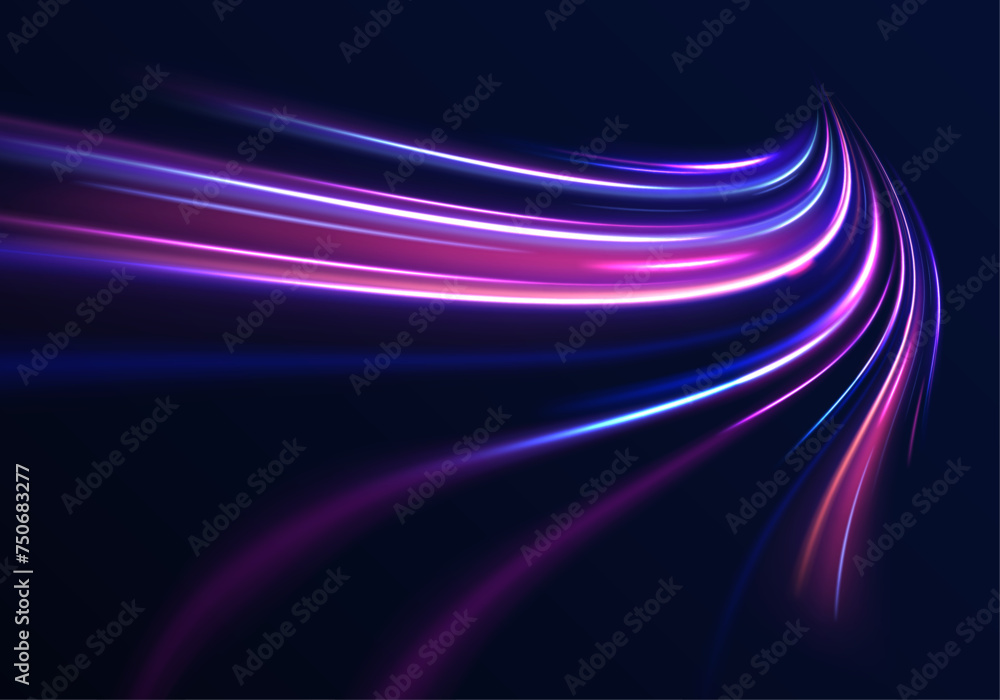 Cyberpunk light trails in motion or light slow shutter effect. Acceleration speed motion on night road. Bright sparkling background. Panoramic high speed technology concept, light abstract background. Cyberpunk light trails in motion or light slow shutter effect. Acceleration speed motion on night road. Bright sparkling background. Panoramic high speed technology concept, light abstract background.