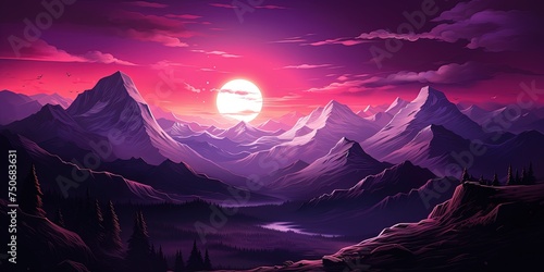 Striking purple landscape with a neon pink glowing sun setting or rising behind pointy mountains