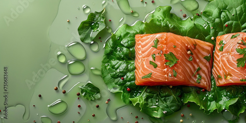 Fresh leafy green salad with two pieces of salmon on top, healthy and delicious seafood dish concept