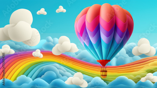 hot air balloon, cloud and rainbow blue sky background