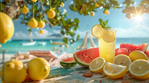Summer theme. Cold lemonade and slices of watermelon on a sunny tropical beach, with ocean backdrop.