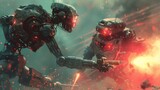 Robots Engaged in Explosive Combat in sci fi battle war zone