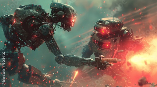 Robots Engaged in Explosive Combat in sci fi battle war zone