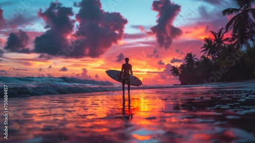 Summer theme. Alone surfer stands with a surfboard at sunset, with vibrant sky colors reflecting on the ocean.