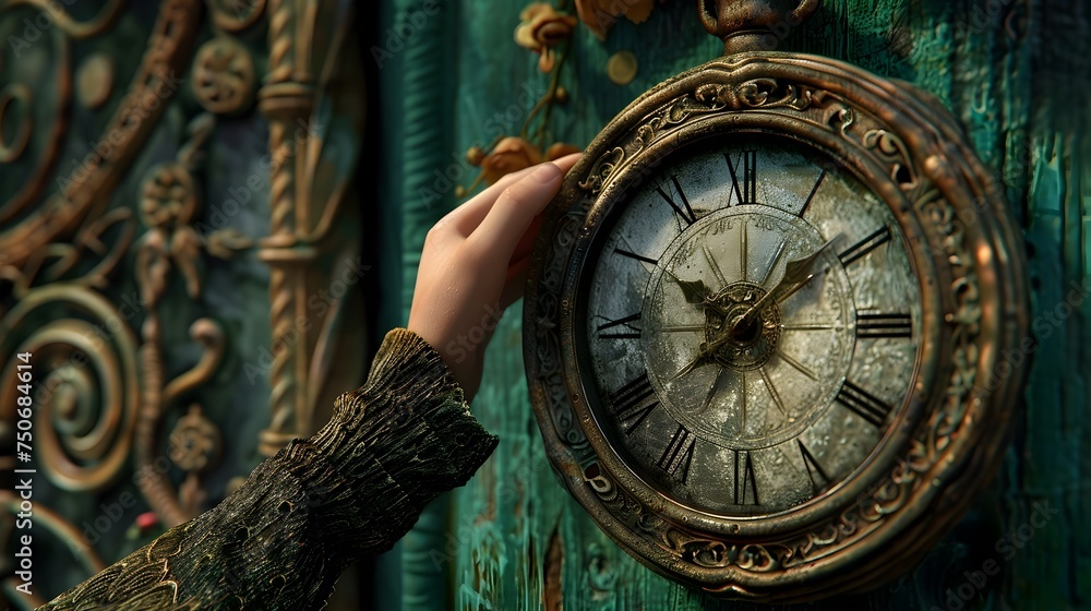 A Hand Holding an Ornate Clock Near a Wooden Door