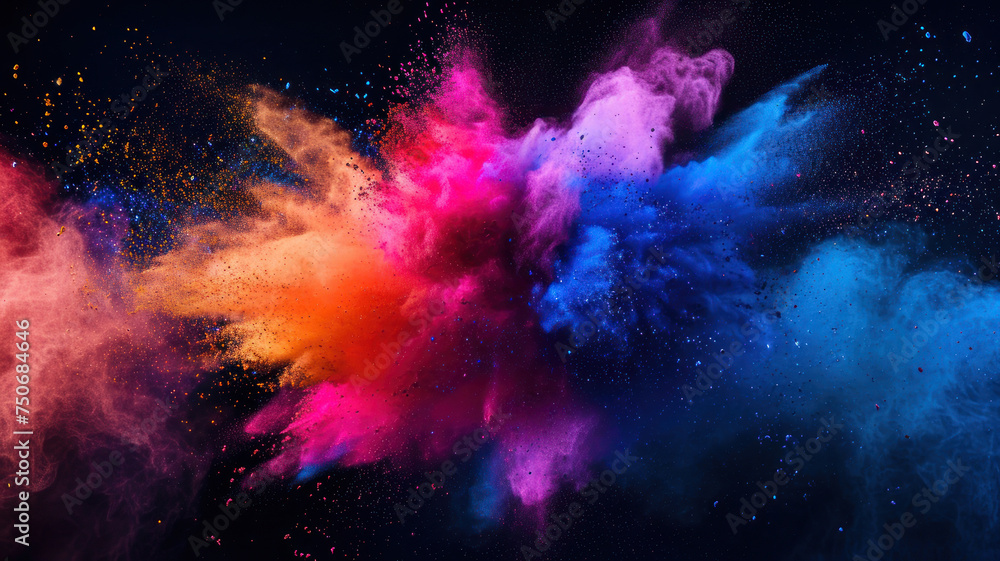 Launched colorful powder on black background Launched colorful powder on black background