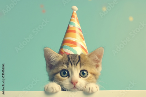 little kitty cat with birthday party hat, yellow and amber style photo