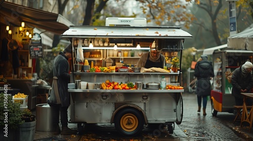 Street Food Concept. A street food vendor serves customers from a charming food cart at a cozy outdoor market.