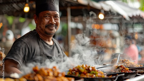 Street Food Concept. A happy chef smiles amidst the steam rising from dishes at a lively outdoor food market stall.