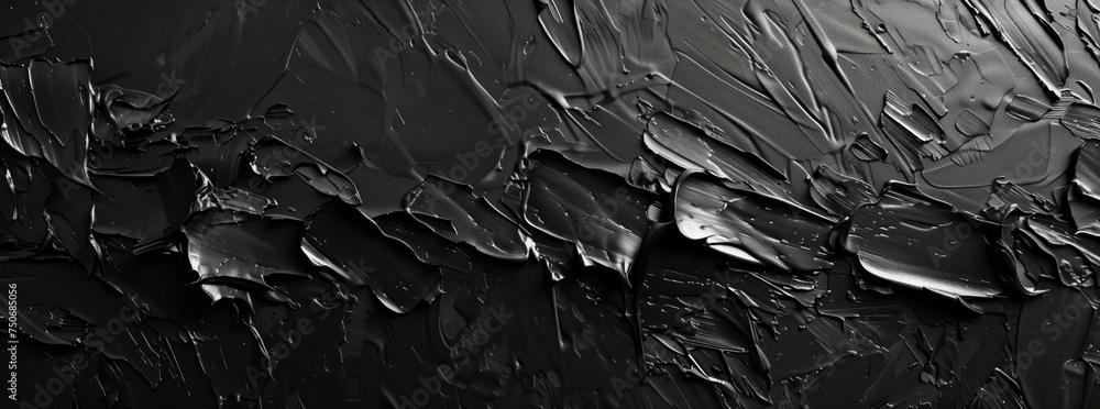 Glossy Black Textured Oil Paint Close-up. Close-up of glossy black oil paint with textured brush strokes and artistic details. - obrazy, fototapety, plakaty 