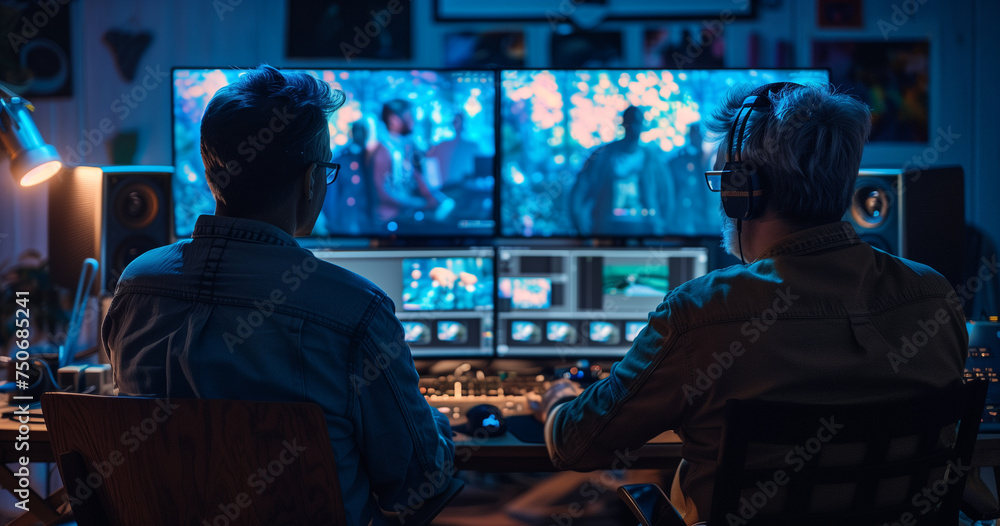 actor film director and screenwriter in front of two computer video edit concept actor film director and screenwriter in front of two computer video edit concept