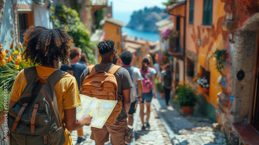 Dynamic student group, map in hand, navigating cobblestone streets of a historic city. Dynamic student group, map in hand, navigating cobblestone streets of a historic city.