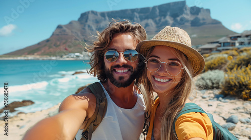 Energetic young travelers, pausing for a selfie with the backdrop of a majestic mountain.