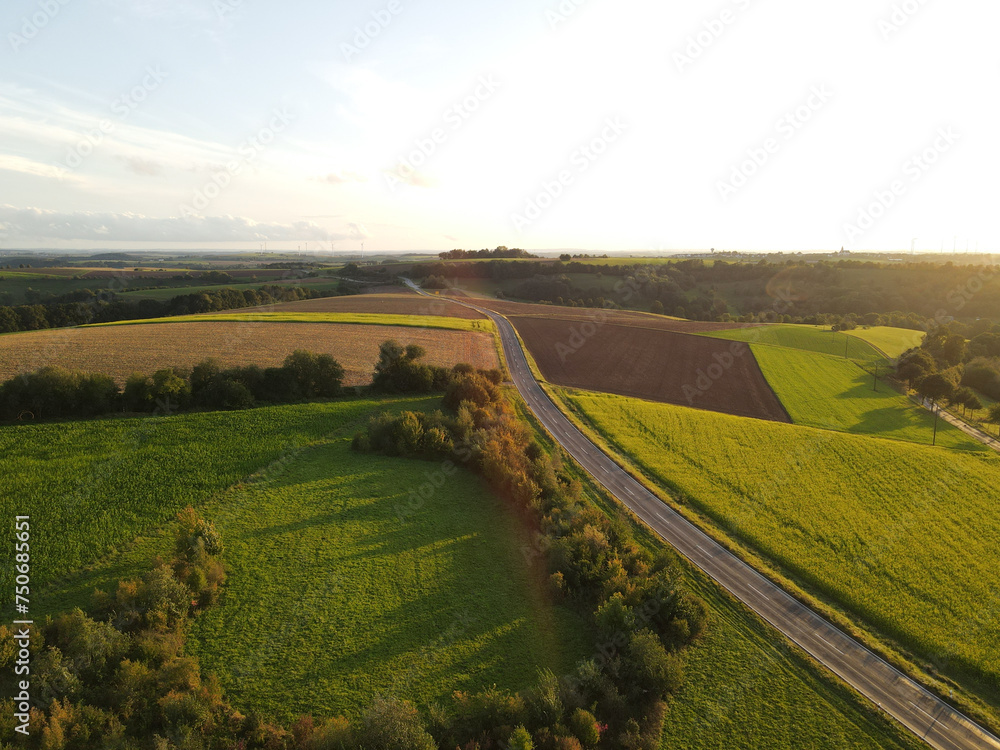 Aerial view of a countryside with country fields and a asphalt road