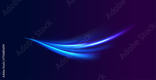 Lines in the shape of a comet against a dark background. Elegant bright neon linear wave. Abstract light lines of movement and speed with blue color and sparkles.	
