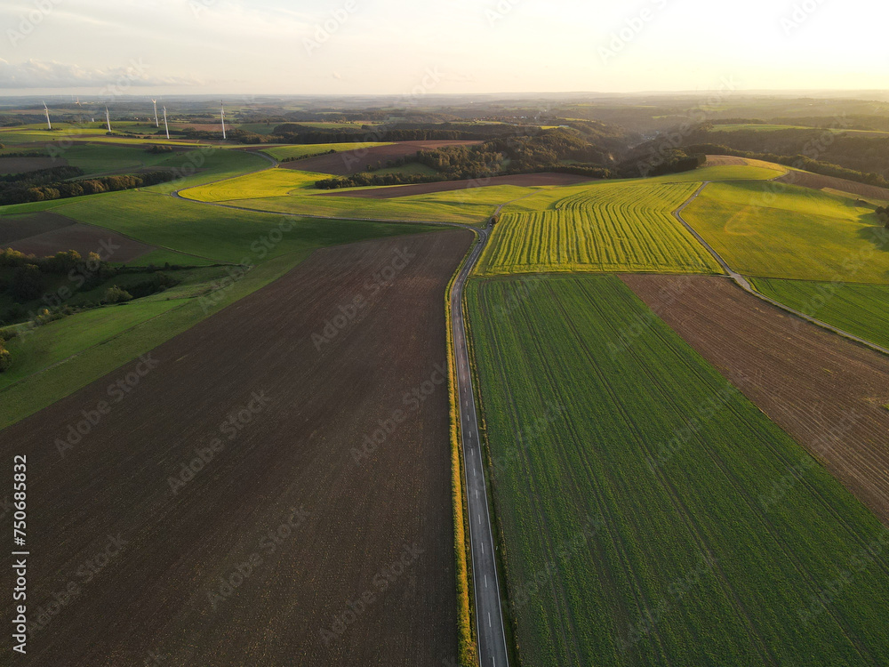 View from above of a countryside with farm fields and a road in the evening 