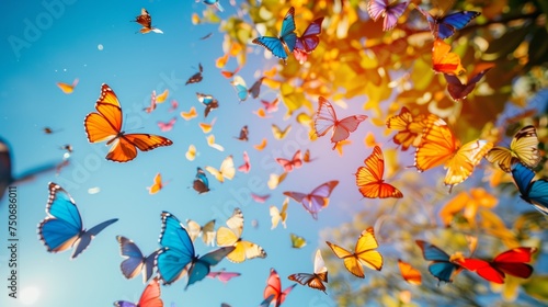 Flock of vibrant butterflies with various patterns soars against a clear blue sky.