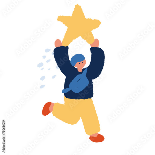 星を掲げる男の子のフラットでシンプルなイラスト
