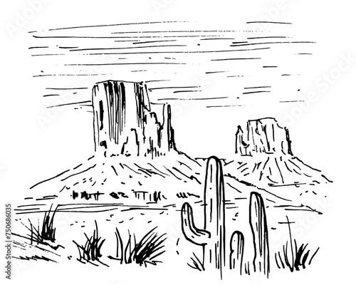 hand drawn vector sketch of american desert landscape