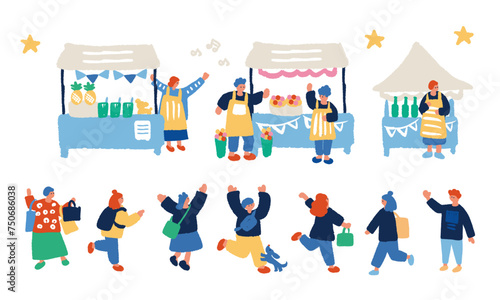 マーケットを楽しむ人々のフラットでシンプルなイラストセット
