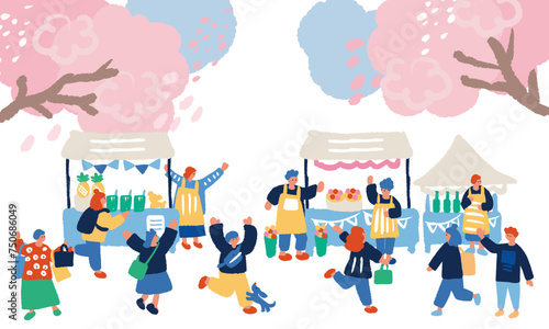 春のマーケットを楽しむ人々のフラットでシンプルなイラスト
