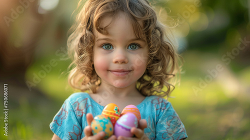 cute girl gathering eggs outdoors on Easter,ai