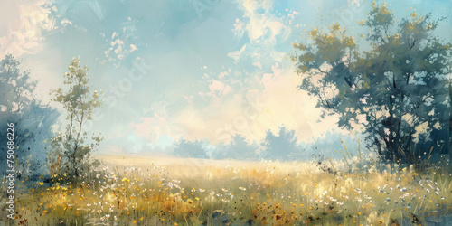 Beautiful landscape painting of field with trees, wildflowers, and blue sky in background photo
