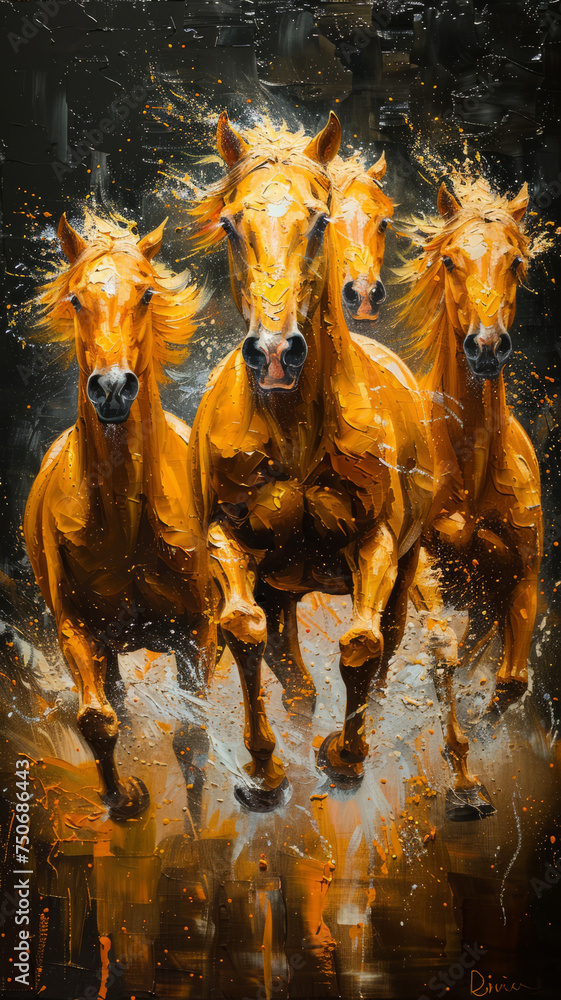 Fototapeta premium herd of golden akhal tekea horses golden oil painting, technical proficiency, landscape black background, academic art brighful,generative ai
