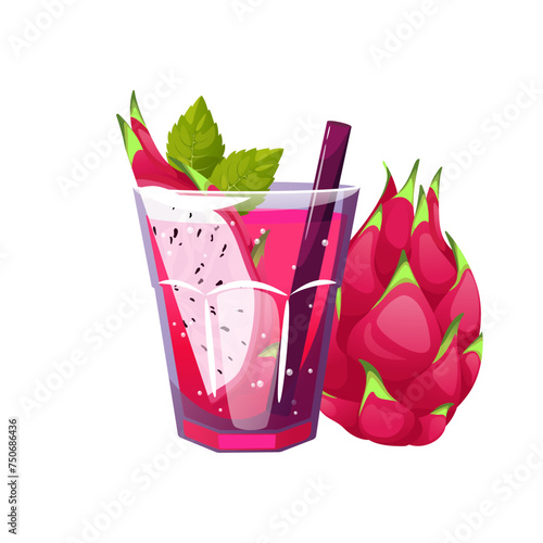Dragon fruit cocktail. Summer, tropical, refreshing drink, lemonade with pitahaya and mint. Vector illustration.